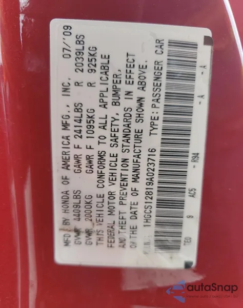 2009 Honda Accord Exl из США, поврежденный, VIN 1HGCS12819A023716